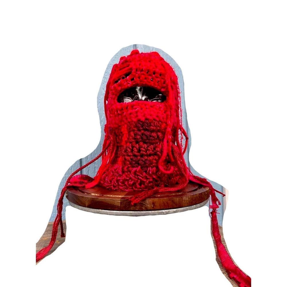 Handmade red distressed ski mask